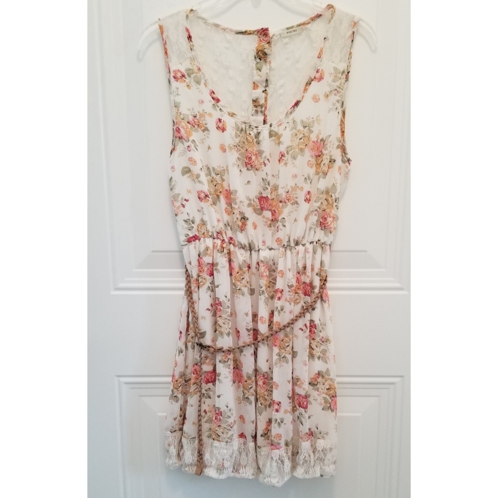 Poetry floral and lace dress Sz M rope belt EUC